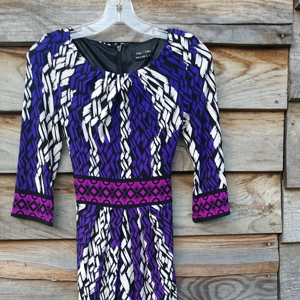 Max & Cleo Dark Purple White Black Lilac Dress LS Ties In Back